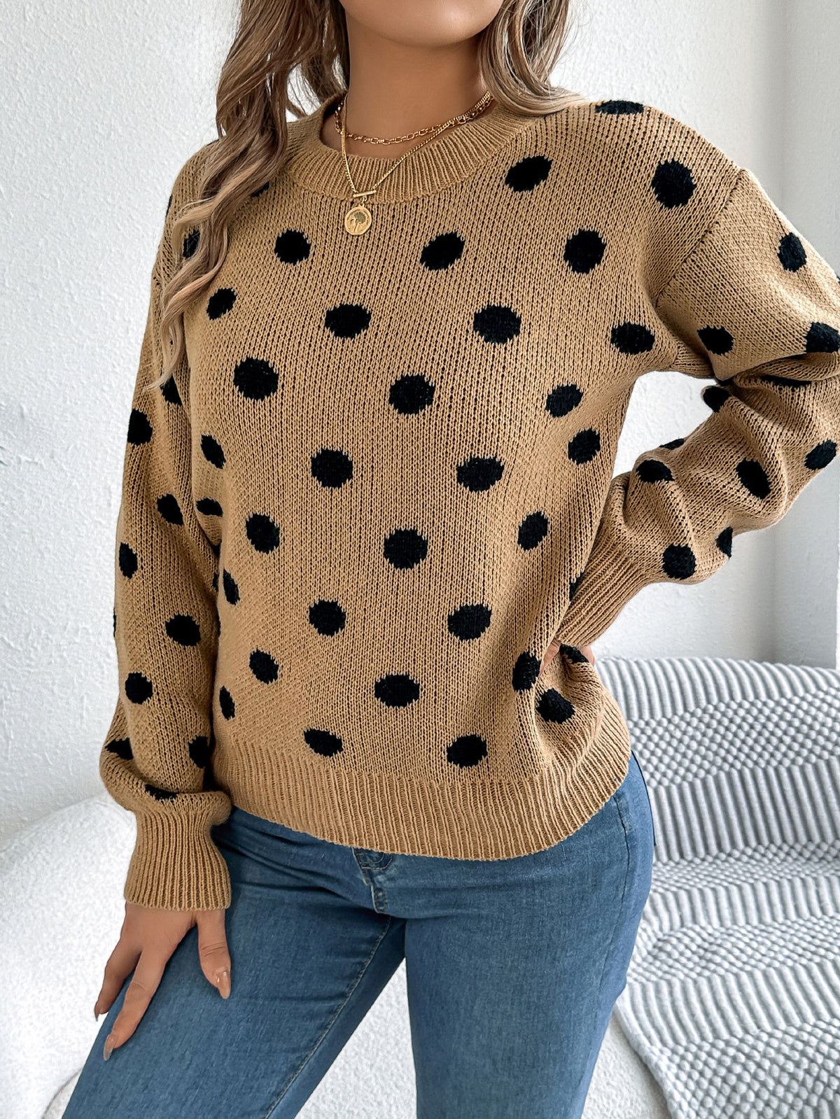 Casual Color Block Polka Dot Long Sleeve Pullover Sweater