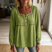 Loose-Fit Casual Hollow-Out Long Sleeve Shirt – Solid Color