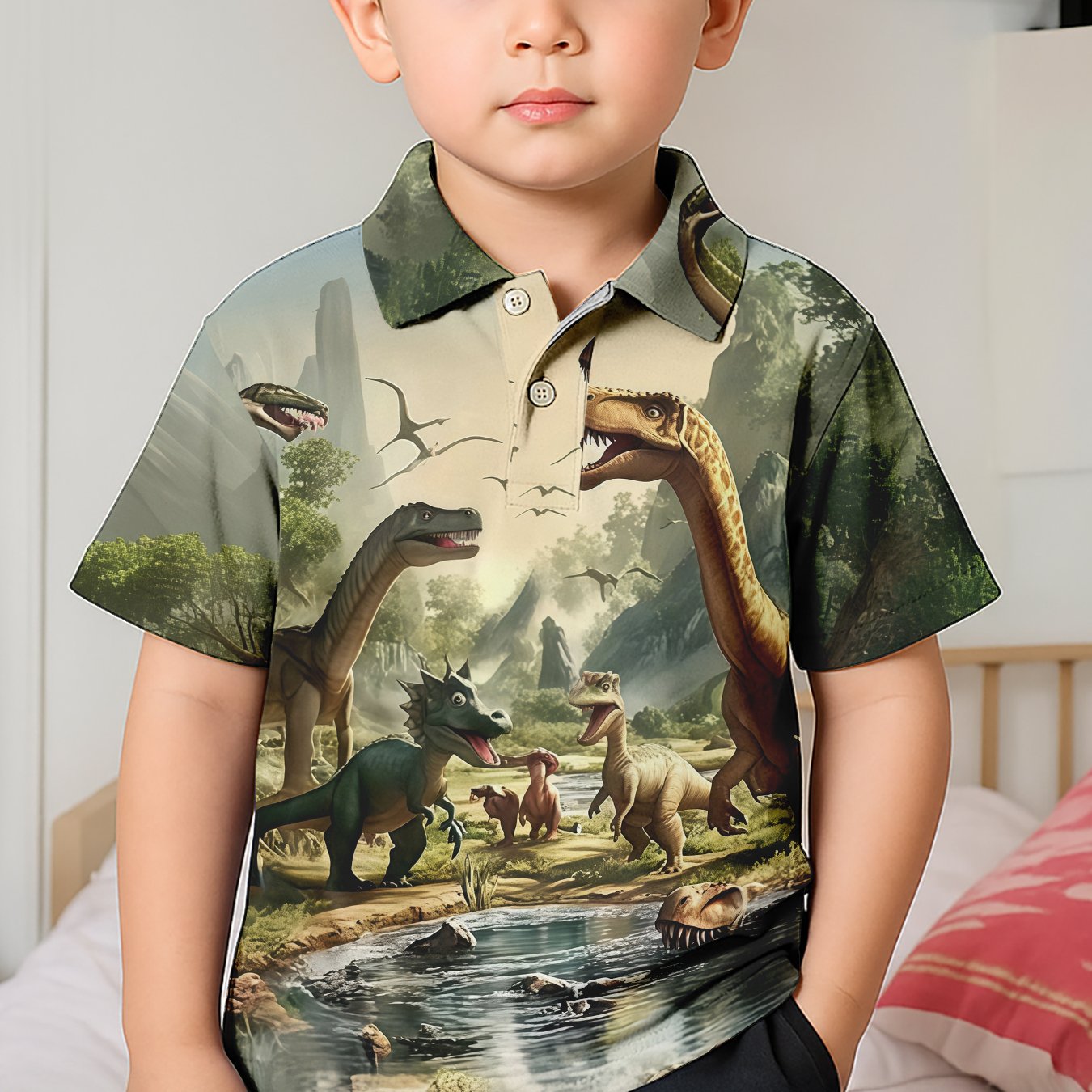 3D Dinosaur Print Short Sleeve Polo Shirt – Infant & Toddler