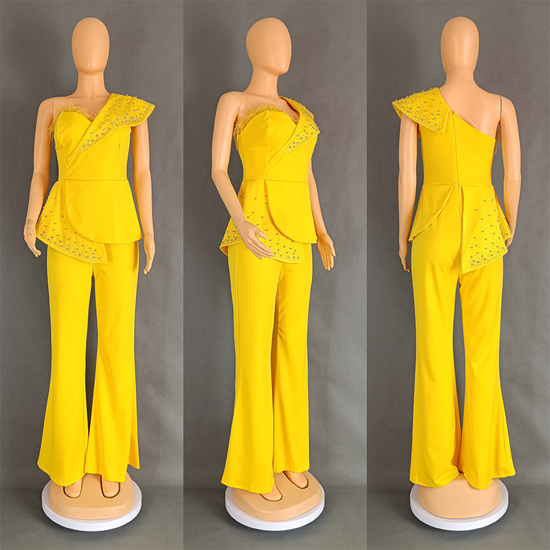 Feather Off-Shoulder High Waist Casual Jumpsuit