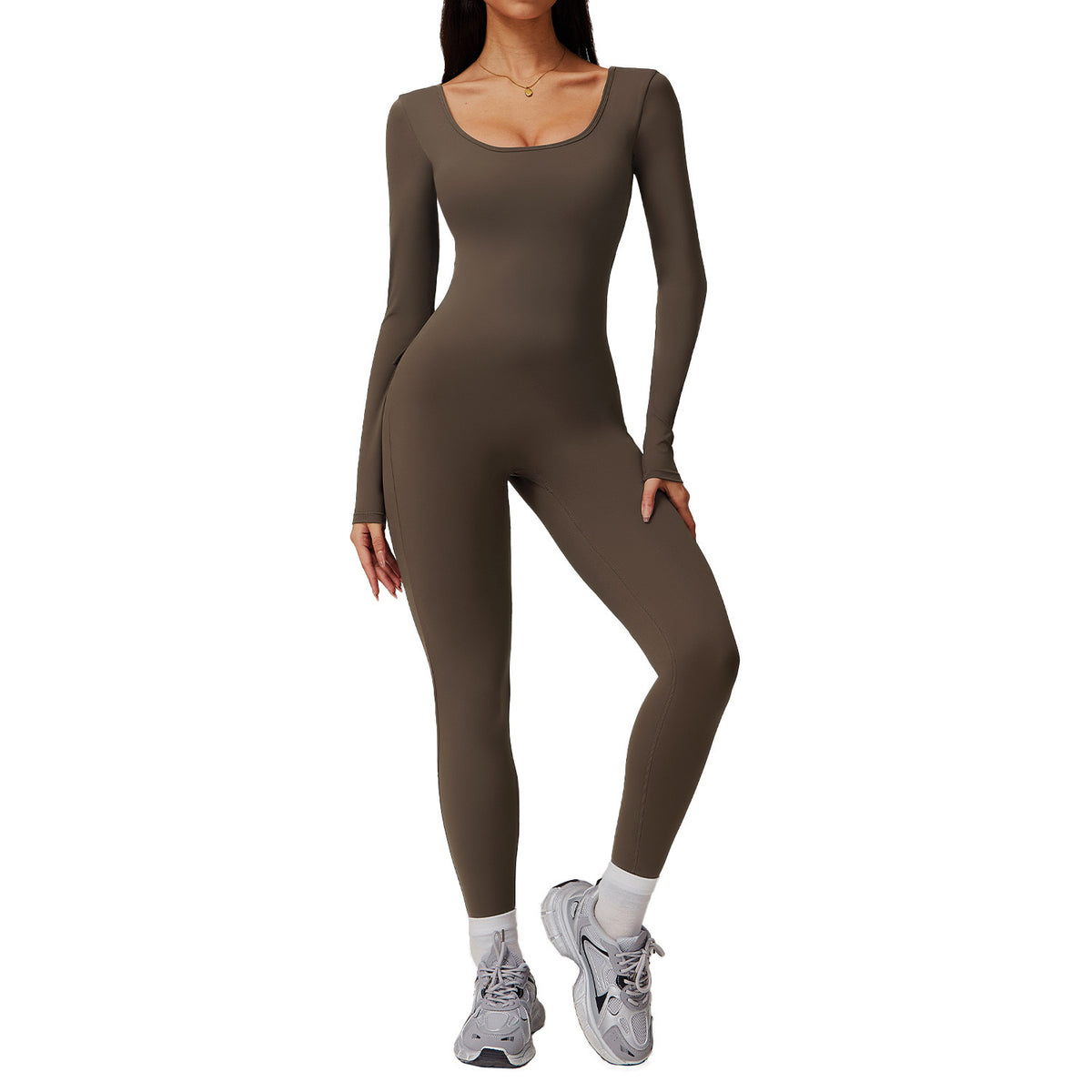 Women's Solid Color Back Nude Feel Long Sleeve Yoga Jumpsuit