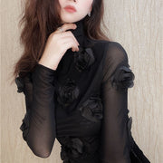 3D Floral Mock Neck Long Sleeve Top