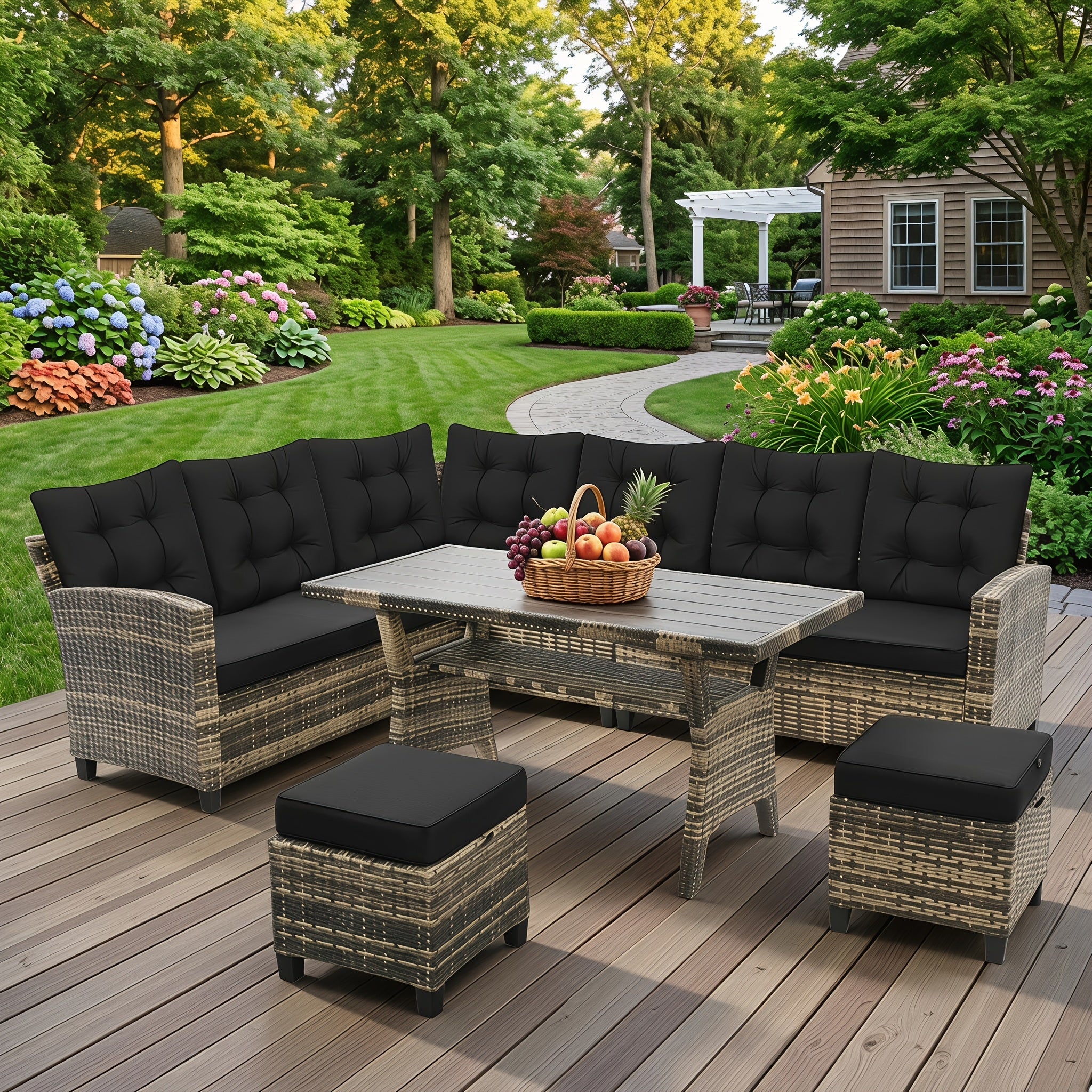6pcs Modular Outdoor Patio Furniture Set with Foam Cushions & PE Wicker Frame - All-Weather Sectional Sofa, Dining Table, Chairs & Ottoman Suitable for Backyard, Garden, Balcony, Deck - -Shaped or Straight Configurations