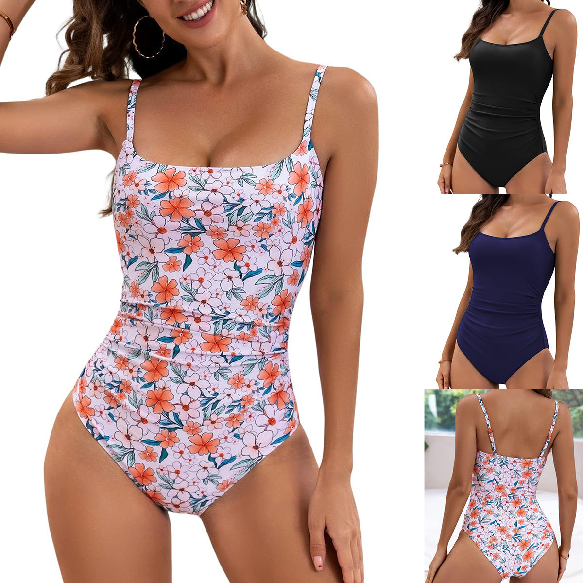 Printed Suspenders Pleated Women's One-piece Swimming Suit