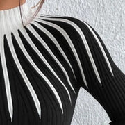 Womens Slim Fit Mock Neck Sweater, Ribbed Striped Long Sleeve Knit for Fall Winter