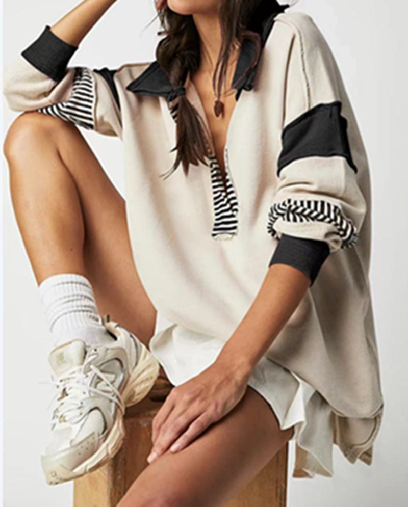 Chic V-Neck Colorblock Long Sleeve Split Hem Casual Sweater