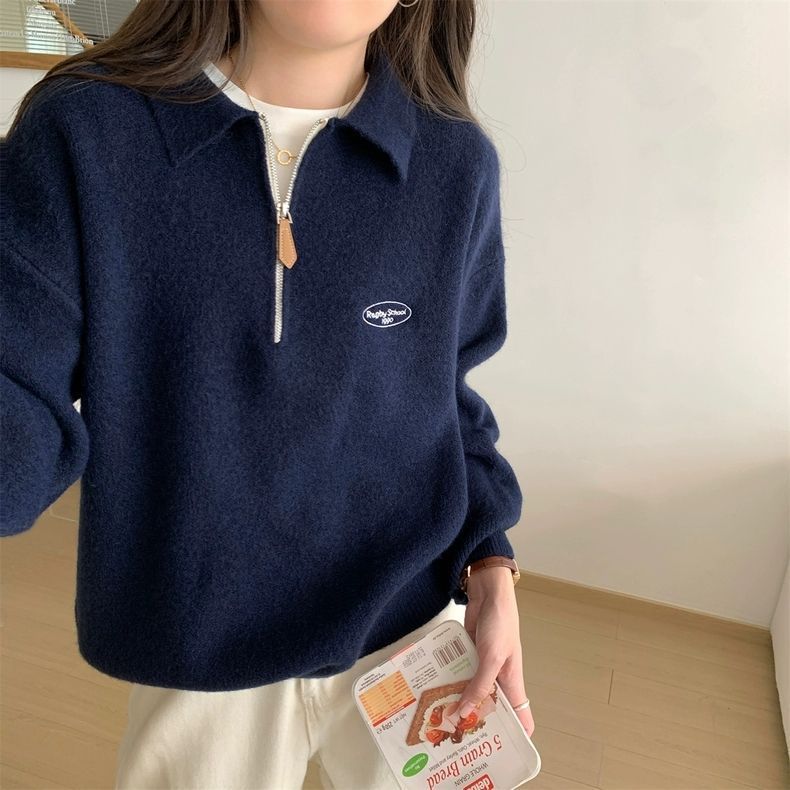 Korean Chic Polo Zipper Knit Sweater
