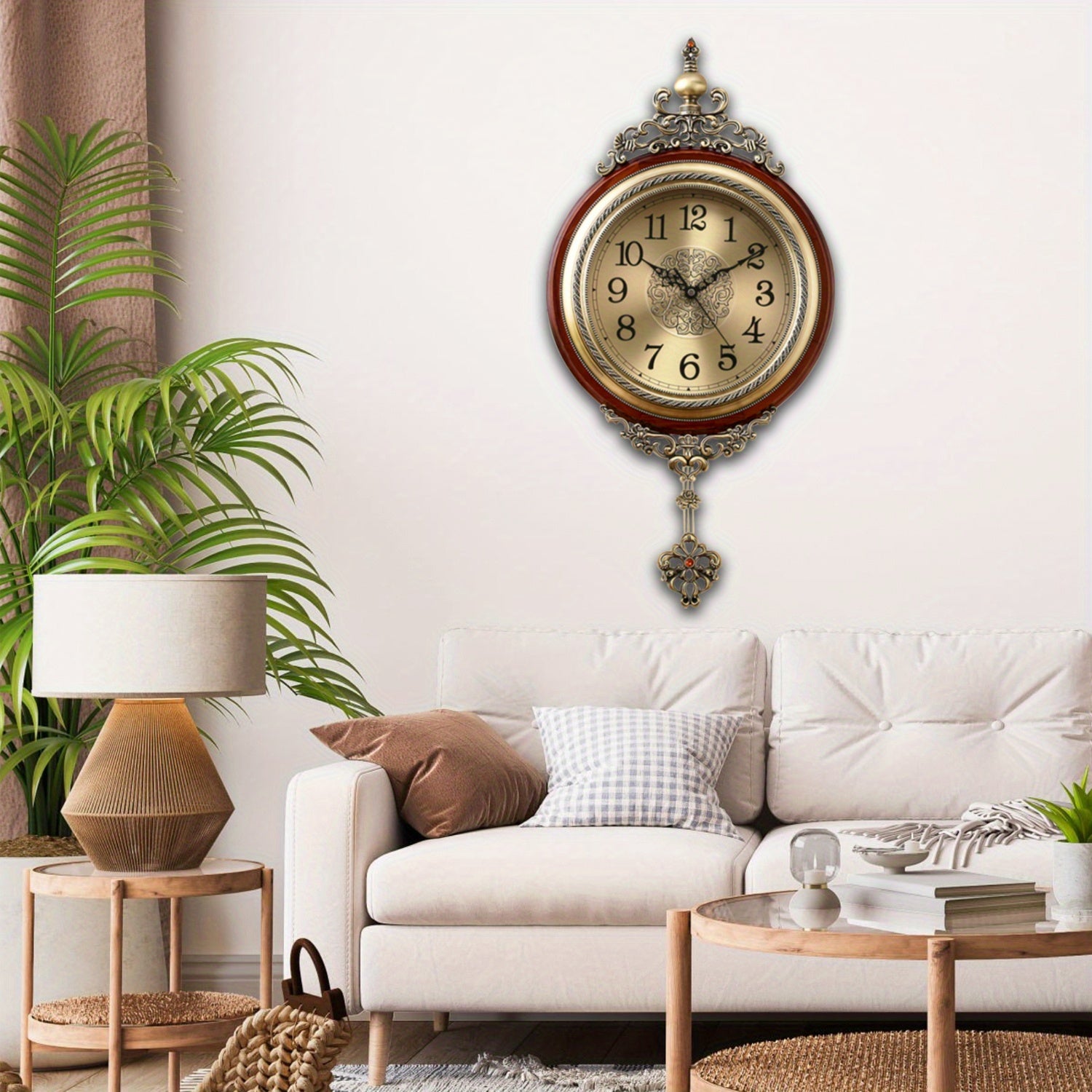 Vintage European Style Silent Wall Clock with Quartz Movement, Large 12.6" Wooden Analog Clock with Swinging Pendulum for Home and Office Decor, Antique Metal Floral Design, Battery Operated (AA Batteries Not Included), Clock Wall Decor