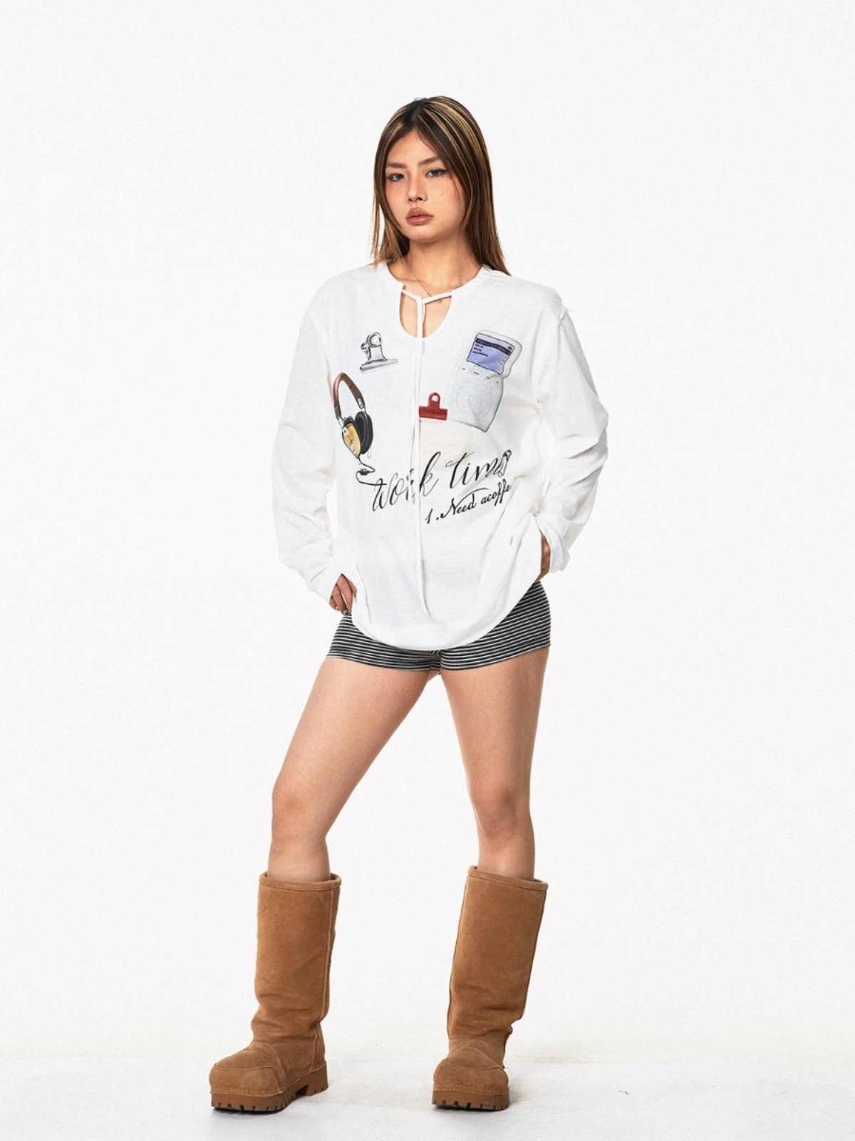 Printed Lace Up V-neck Long-sleeved T-shirt Women's Tops Casual Bottoming Shirt