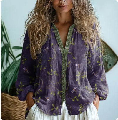 Women's Top V-neck Printed Exquisite Linen