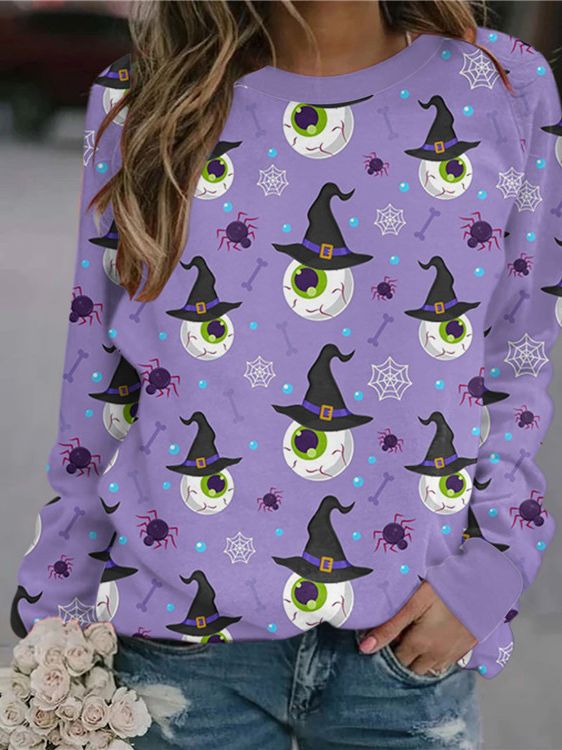 Women's Halloween Pumpkin Print Long-Sleeve Sweater