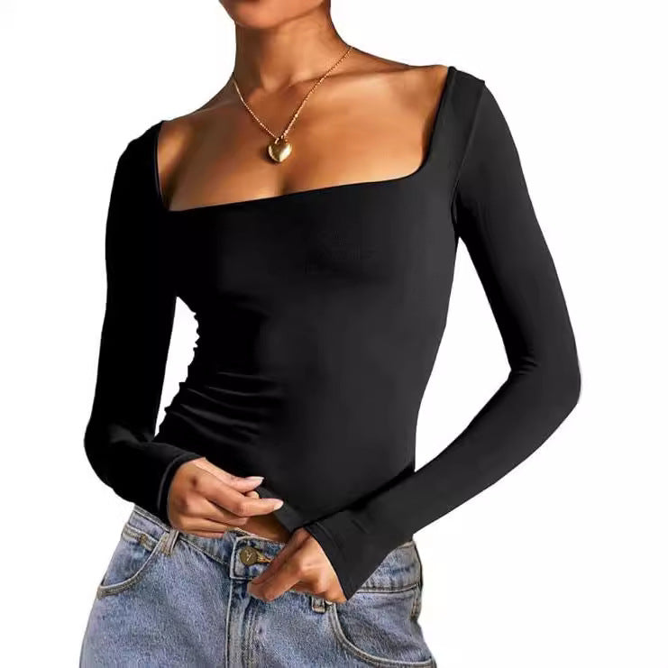 Slim-Fit Milk Silk Pullover with Square Neck – Long Sleeve Top