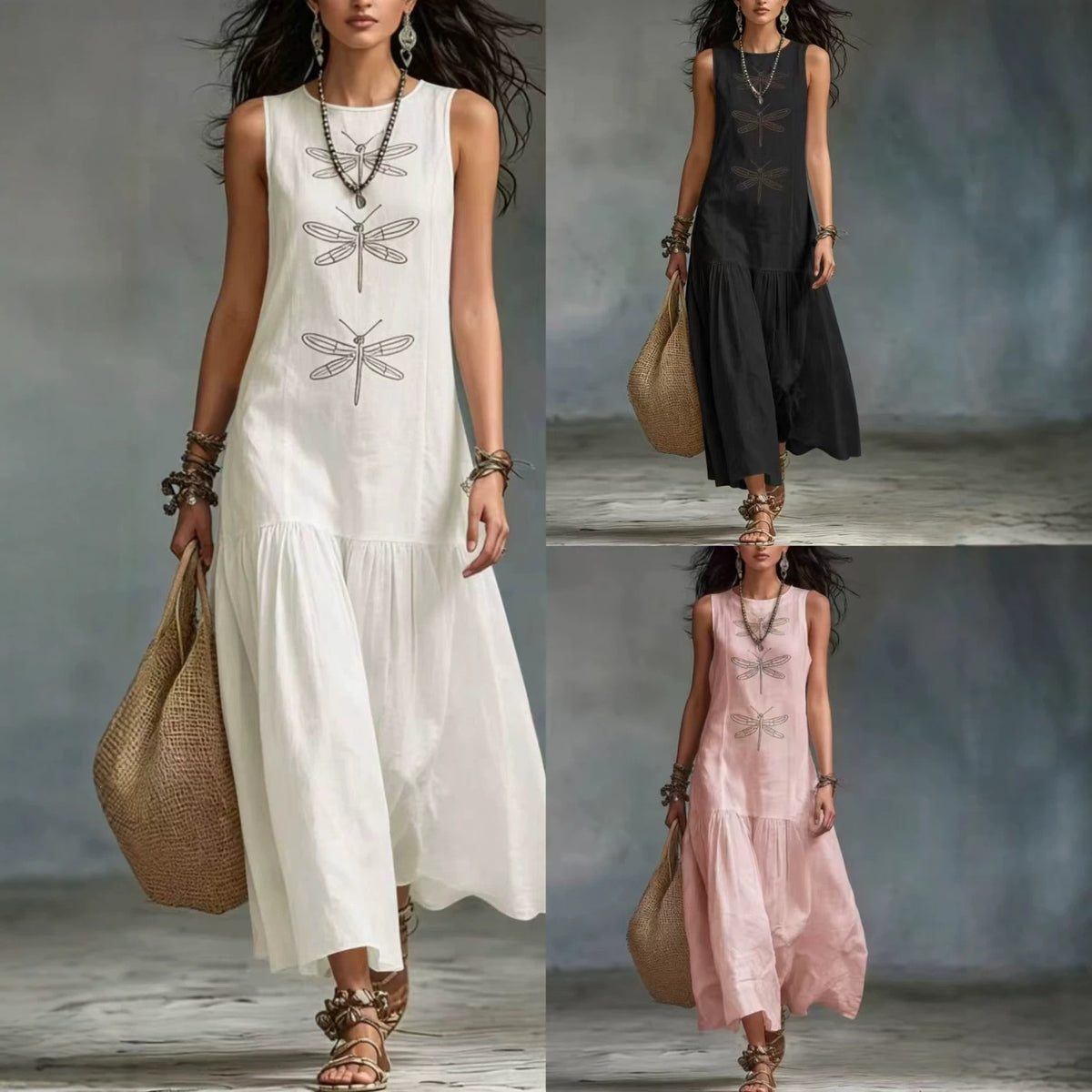 Vintage Washed Linen-look Sleeveless Tank Maxi Dress, Solid Dragonfly Embroidery Tiered Pleated Long Dress for Women