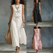 Vintage Washed Linen-look Sleeveless Tank Maxi Dress, Solid Dragonfly Embroidery Tiered Pleated Long Dress for Women