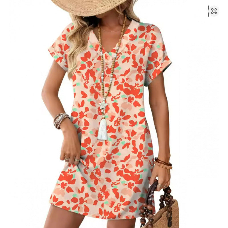 European and American-style Fashionable Printed Loose-fit V-neck Short-sleeve Dress