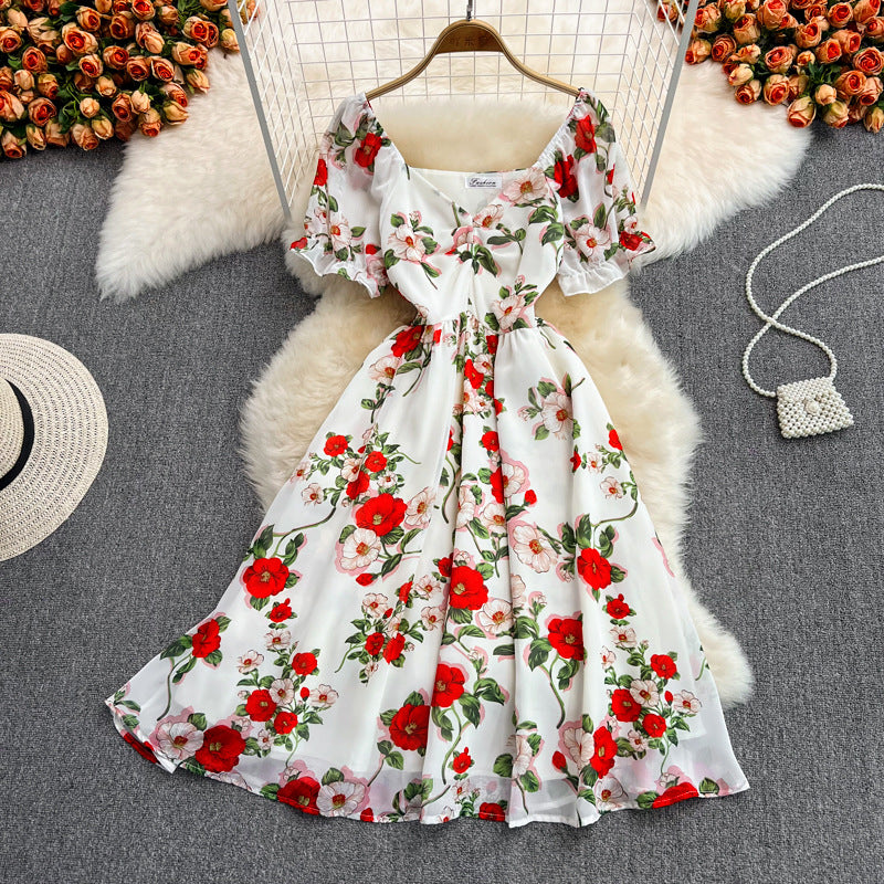 Long Waist-cinched V-neck Chiffon Floral Dress in a Softfeminine Style