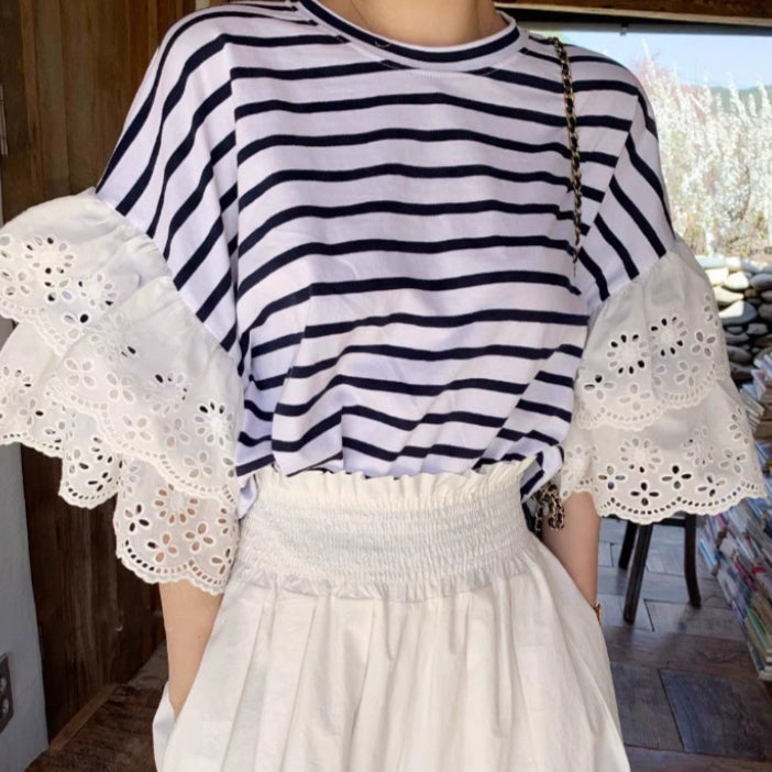 Loose-Fit Japanese Lace-Panel Long Sleeve Tee – Soft Cotton Blend