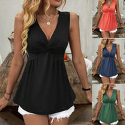 Sleeveless V‑Neck Top with Twisted Ruched Waist – A‑Line Elegance