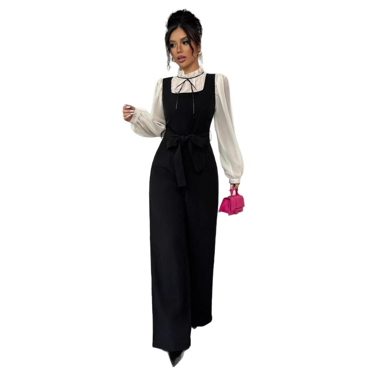 Elegant Color Block Shirt Jumpsuit Set