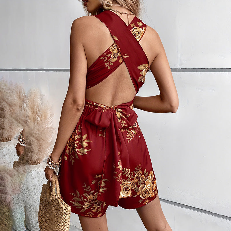 Floral Print Deep V-Neck Tie-Back Sleeveless Romper