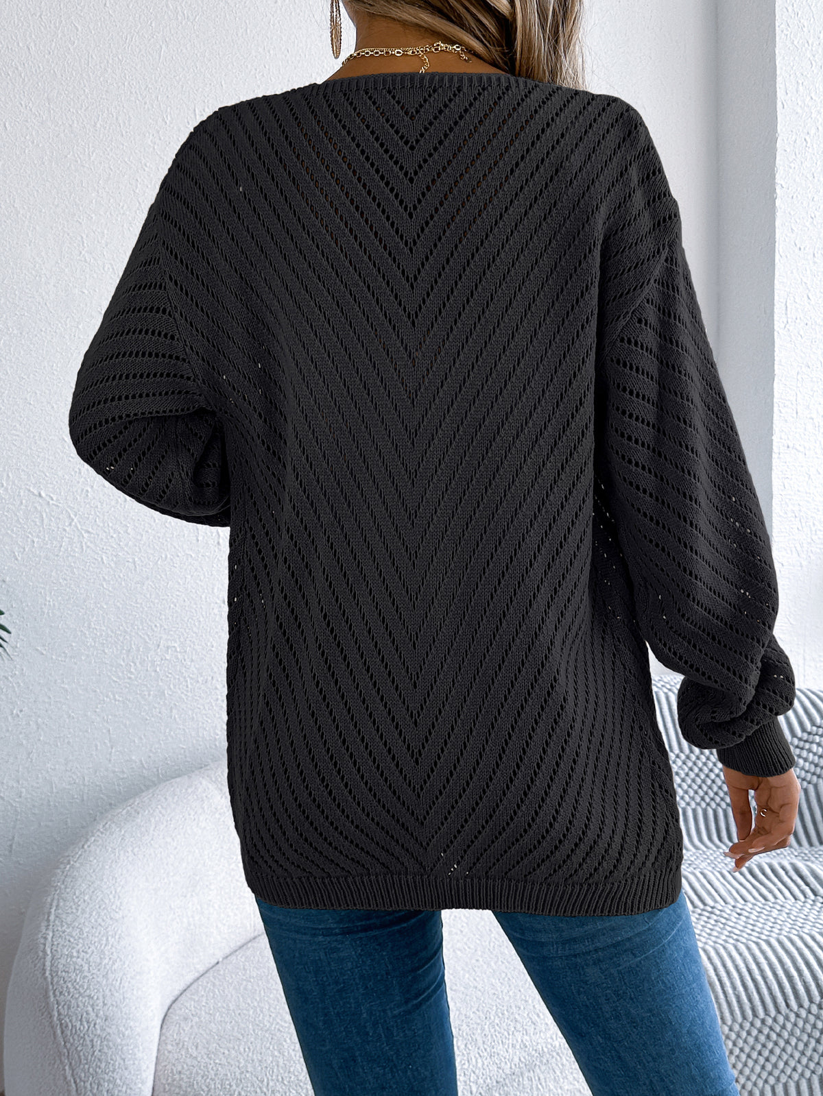 Women Casual Solid Color Hollow Out Long Sleeve Cardigan Sweater
