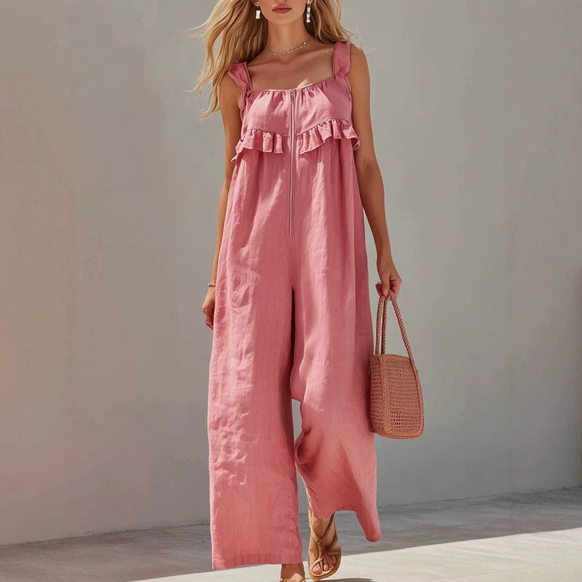 Chic Sleeveless Solid-Color Straight-Leg Jumpsuit