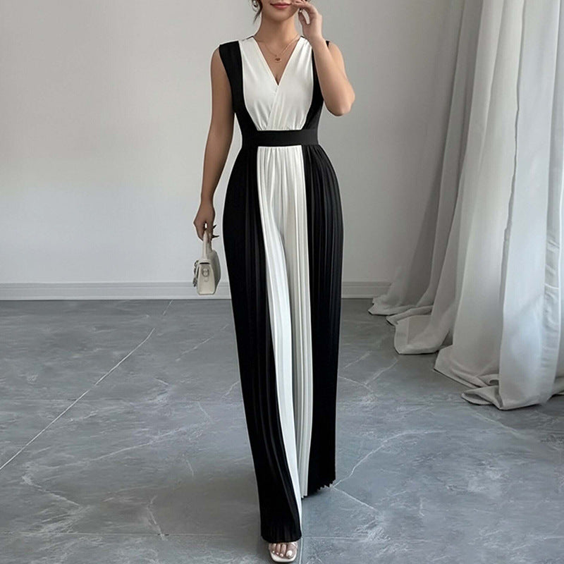 Elegant Long-Sleeve V-Neck Printed Wide-Leg Jumpsuit