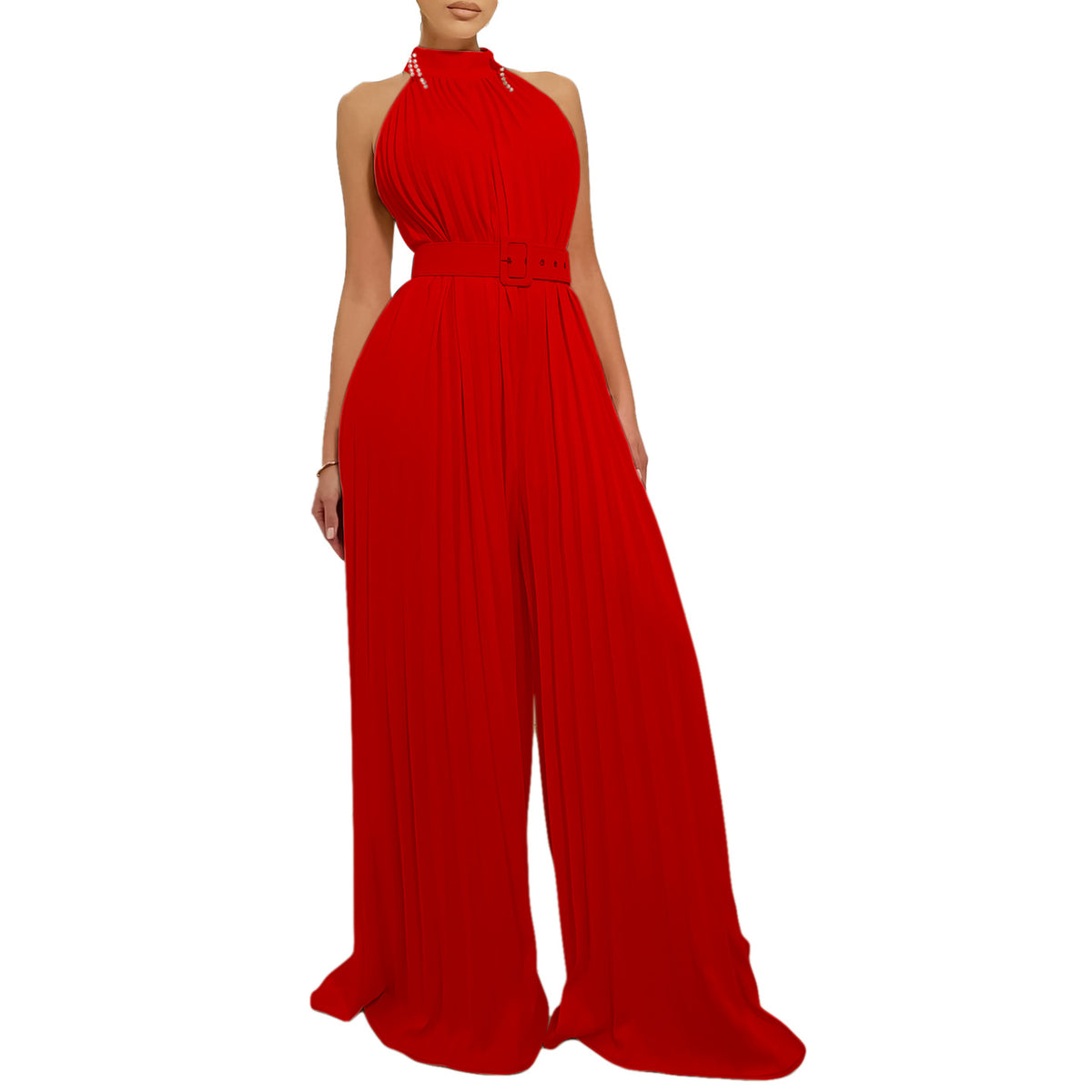 Chic Pleated Wide-Leg Sleeveless Jumpsuit with Belt