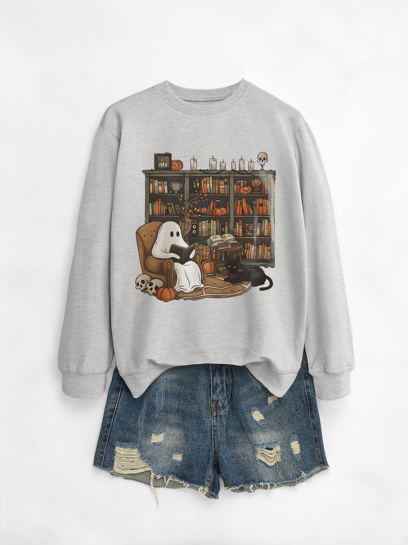 Cozy Black Cat Bookshelf Halloween Sweatshirt