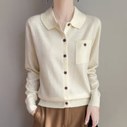 Fine-woven Wool Lapel Knit Cardigan Solid Color Loose Fit With Pockets