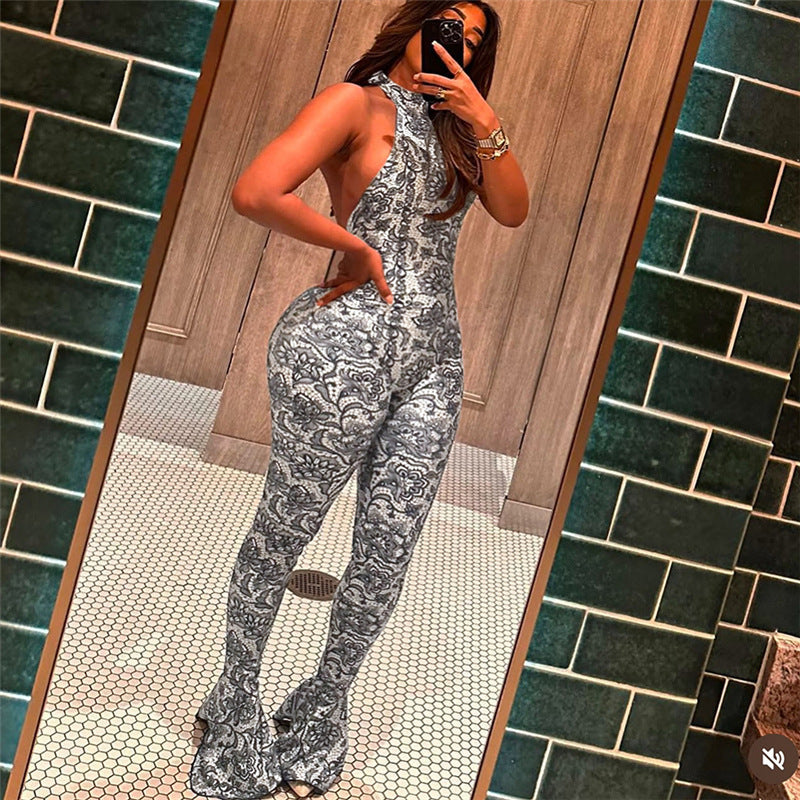Women's Backless Halter Printed Slim Sheath Jumpsuit