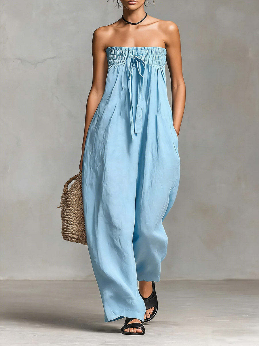 Chic Strapless Smocked Jumpsuit & Tie Detail Playsuit