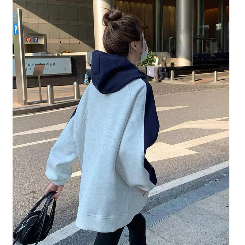 Retro Contrast Color Hooded Baggy Sweatshirt
