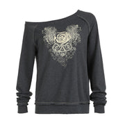 Retro Floral Print Diagonal Neck Loose Pullover Sweater