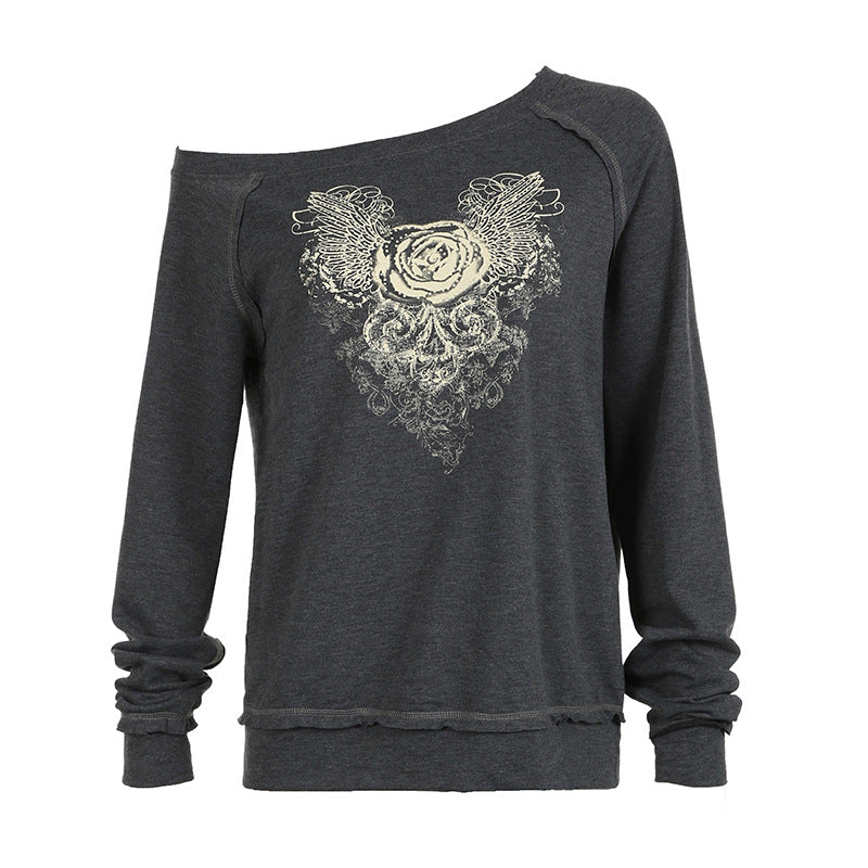 Retro Floral Print Diagonal Neck Loose Pullover Sweater