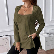 Rib Fabric Brushed Square Collar Long Sleeve Top