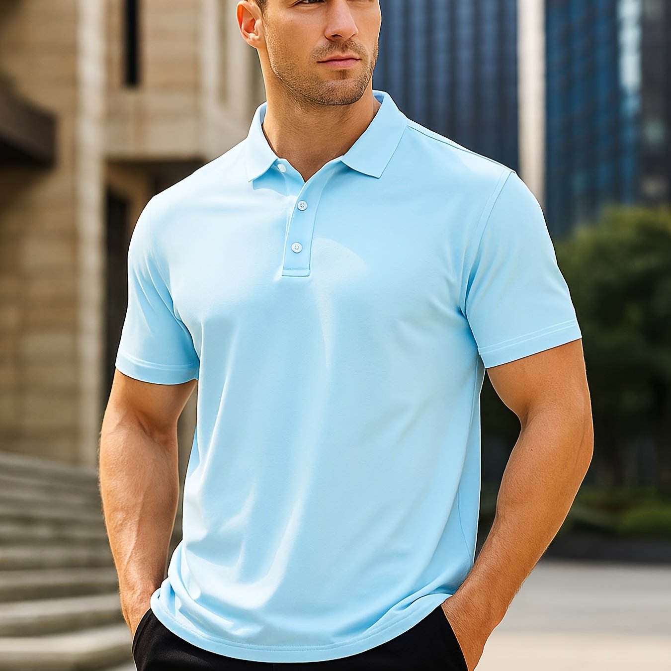 Men's Short Sleeve Button-Up Collar Polo Shirt in Polyester