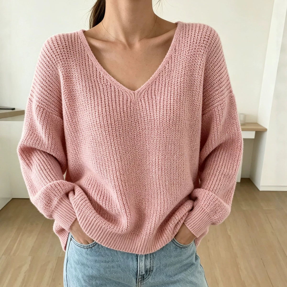 Thickened Long-sleeved Loose-fit V-neck Pullover Sweater for Women