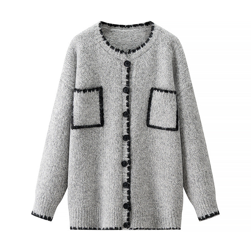 Retro Color-block Cardigan Sweater with Pockets