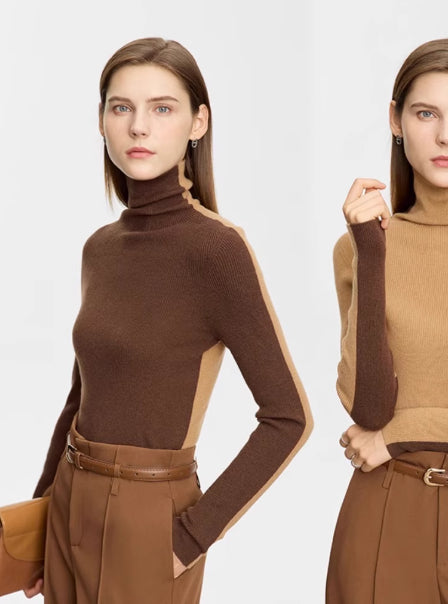 Color-blocked Turtleneck Wool Sweater for Women, Slim Fit, Two-way Knit Base Layer