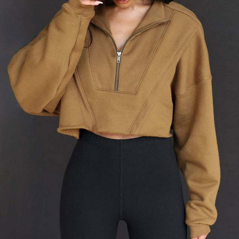 Women's Casual Half-Zip Solid Color Short Sweatshirt