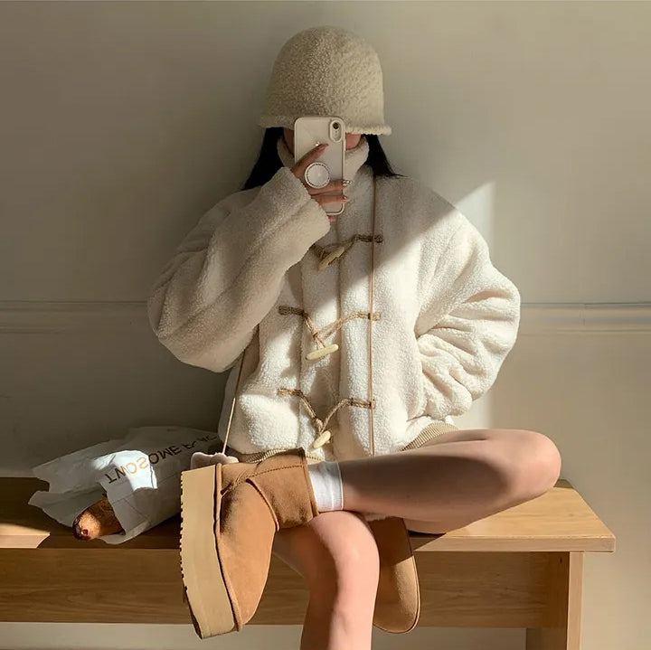 Women's Cozy Furry Winter Coat with Horn Buttons