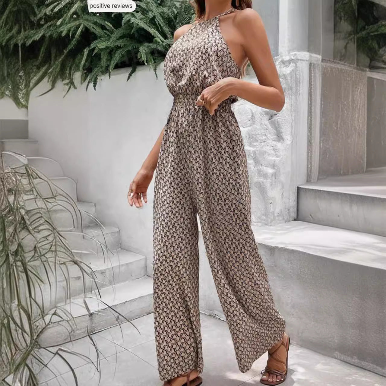 Chic Geometric Leopard Print Sleeveless Wide-Leg Jumpsuit
