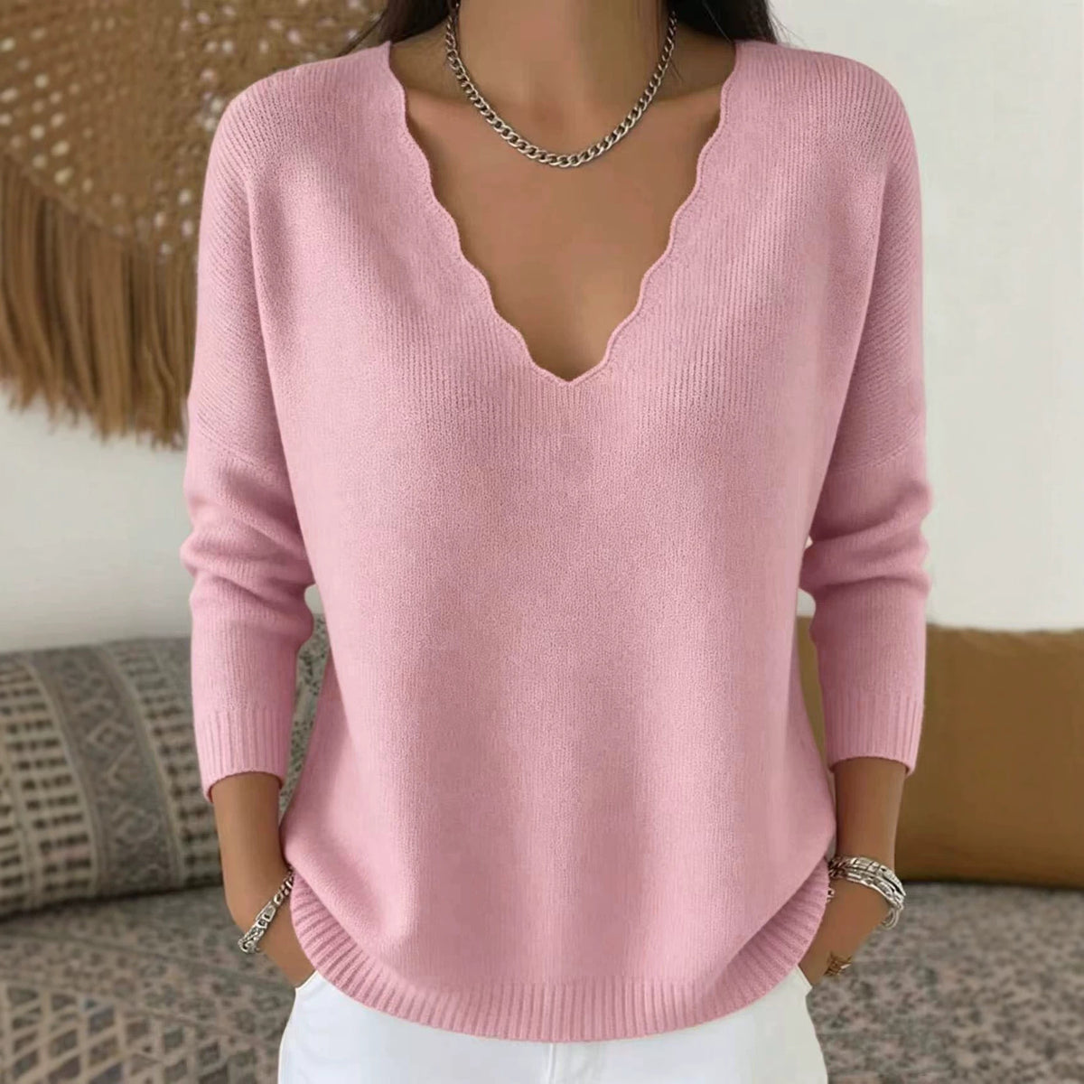 Solid-color Casual Knitted V-neck Loose Sweater
