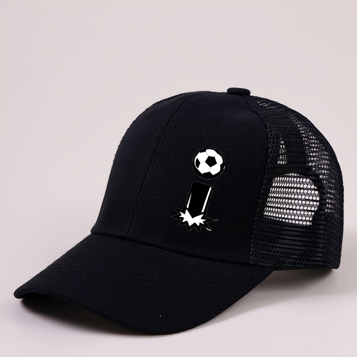 Boys Mesh Baseball Cap with A‑Z Letter and Soccer Ball Print, Unisex Sunvisor, Black