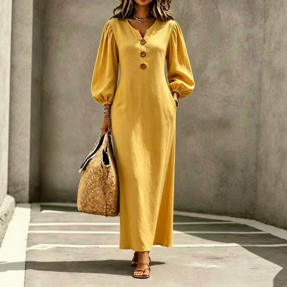 V-Neck Button Puff Sleeve Casual Long Dress
