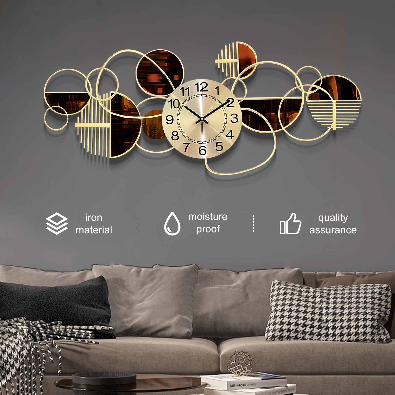 35-inch Large Metal Wall Clocks, 3D Silent Non Ticking Timepiece, Minimalist Art Decorative Home Accent, Golden Tone Modern Wall Clock for Bedroom, Farmhouse, Office Wall Decor