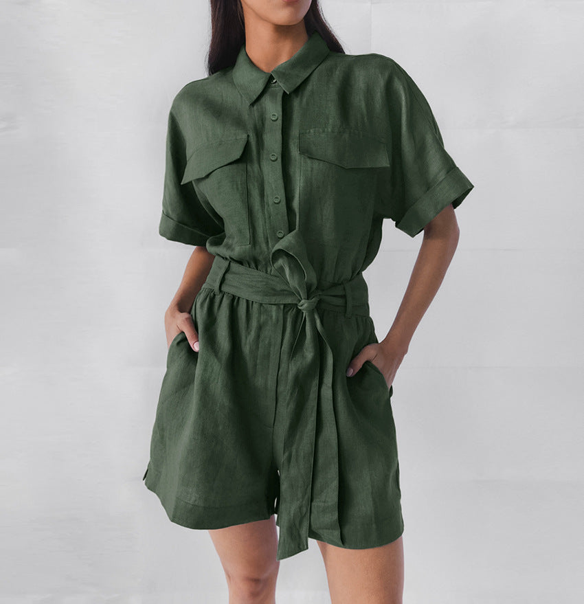 Women's Retro Lapel Wide-Leg Romper with Lace-Up Waist
