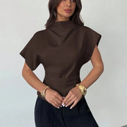 Asymmetrical Coffee Brown Blouse – Slim Fit Short Sleeve