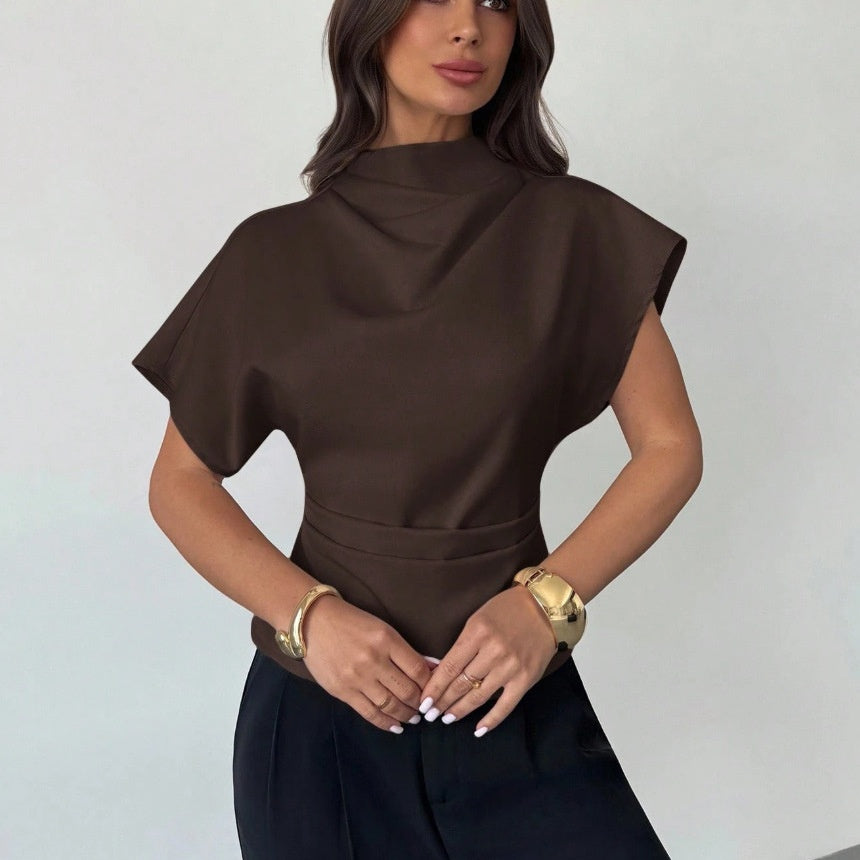 Asymmetrical Coffee Brown Blouse – Slim Fit Short Sleeve